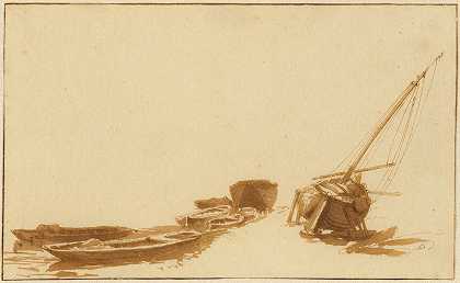 岸上和水中的船只`Boats on Shore and in Water (1648–1652) by Jan de Bisschop