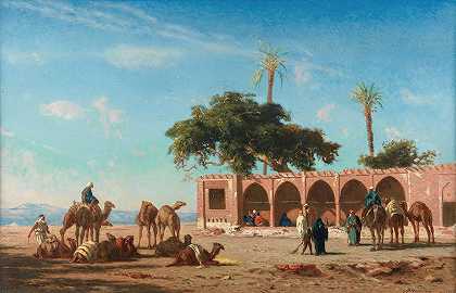 在埃及苏特休息的商队`The Caravan Resting In Siout, Egypt by Narcisse Berchère