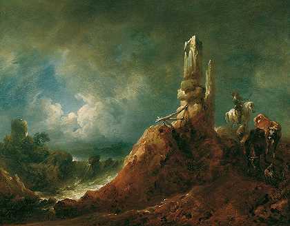 荒芜的风景和月光下的骑手`Landschaft mit Ruine und Reiter bei Mondschein (1771) by Johann Christian Brand