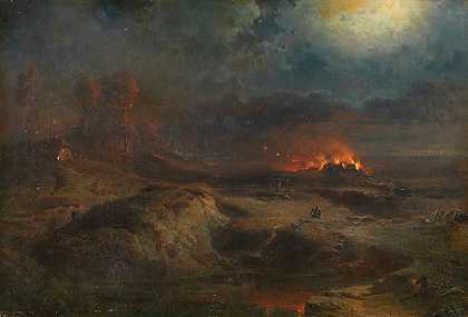 燃烧农场的夜景`Nächtliche Szene mit brennendem Gehöft (1866) by Fritz Bamberger