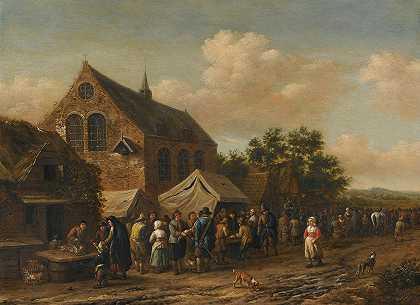 教堂旁边的乡村集市`A Village Market Beside A Church by Barent Gael