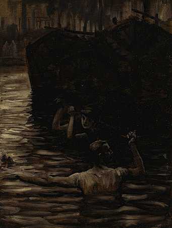 勒内和里弗肯在塞纳河游泳`Renée and Reverchon Swimming in the Seine (circa 1881~82) by James Tissot