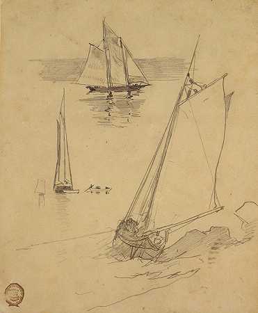 三张纵帆船草图`Three Sketches of Schooners (ca 1880) by Winslow Homer
