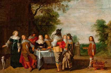 在公园的桌子旁有客人`Company at the Table in a Park by Christoffel Jacobsz. van der Lamen