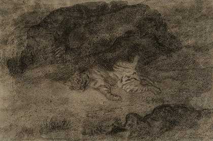 一只老虎趴在岩石中间`A tiger sprawling among the rocks by Antoine-Louis Barye
