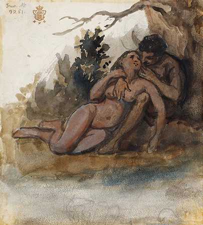 树旁的一对裸体情侣`Et nøgent par ved et træ (1846) by Wilhelm Marstrand