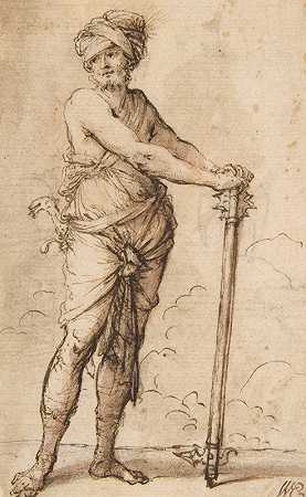 戴头巾手持狼牙棒的战士`Turbaned Warrior Holding a Mace (1615–73) by Salvator Rosa