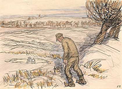 在结冰的湖边的农夫`Bonden ved den frosne sø (1927 ~ 1928) by Fritz Syberg