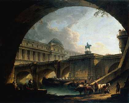 建筑奇想灵感来自卢浮宫和新桥的宫殿封装在拱门一座桥`Caprice architectural; un palais inspiré du Louvre et le Pont~Neuf sencadrant dans larche dun pont (1775) by Pierre-Antoine Demachy