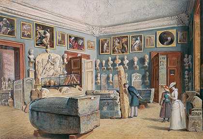 有密特拉和埃及石棺的房间`Das Zimmer mit dem Mithras~ und den ägyptischen Sarkophagen (1889) by Carl Goebel the younger