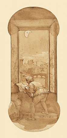 塔迪奥绘画`Taddeo Drawing by Moonlight in Calabreses House (1595) by Moonlight in Calabrese;s House by Federico Zuccaro