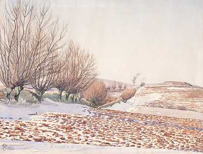 雪地里的柳树和草地`Landskab med piletræer og pløjemark i sne (1902 ~ 1903) by Fritz Syberg