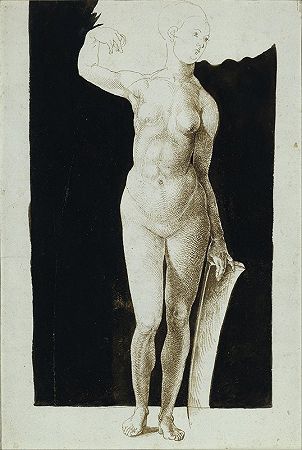 带盾牌的裸体女性比例研究`Proportion study of female nude with a shield (1500) by Albrecht Dürer