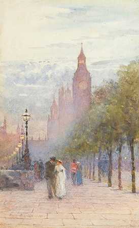 议会大厦和威斯敏斯特`Houses Of Parliament And Westminster (1892) by Rose Barton