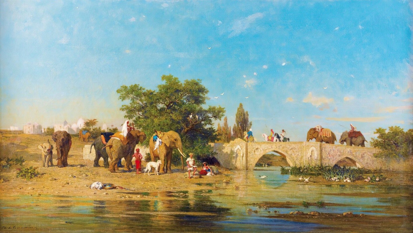河边的大象`Elephants By A River by Charles de Tournemine