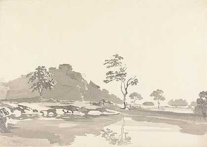 中山山上的堡垒河景`River Scene with a Fort on a hill in the middle distance by Samuel Davis