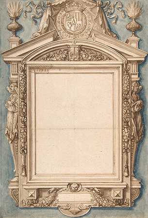 贝勒加德公爵罗杰二世圣拉里纹章的葬礼牌匾框架设计`Design for the Frame of a Funerary Plaque with the Coat of Arms of Roger II de Saint Lary, Duc de Bellegarde (ca. 1619–30) by Etienne Martellange