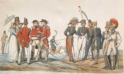 英语和法语军官聊天`Officiers anglais et français discutant (1814) by Horace Vernet