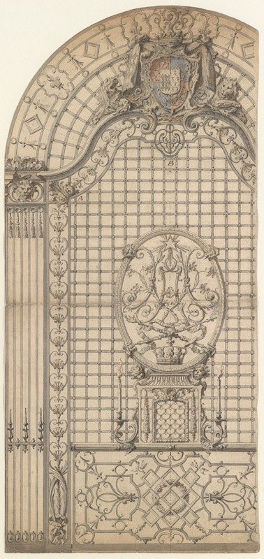 教堂锻铁入口格栅的设计`Design for the Wrought~Iron Entrance Grille of a Chapel (ca. 1700–1720) by Gilles-Marie Oppenord