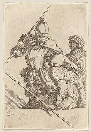 两名士兵，一名戴头盔，留着胡子`Two Soldiers, One in Helmet and Bearded (1656 ~ 1657) by Salvator Rosa