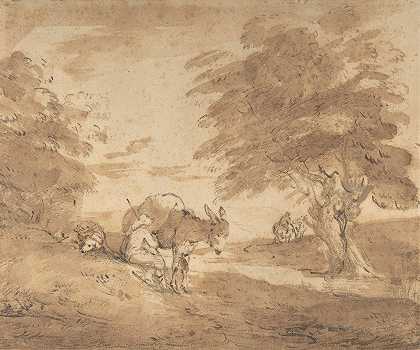 休息`A Rest by the Way (Open Landscape with Figures, Donkey and Horses) (ca. 1780) by the Way (Open Landscape with Figures, Donkey and Horses) by Thomas Gainsborough