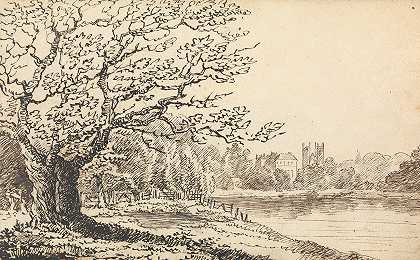河边的树木和远处的建筑物`Trees Alongside a River with Buildings in the Distance by Thomas Bradshaw
