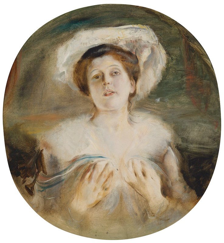 一位戴着白帽子的女士的肖像`Bildnis einer Dame mit mit weißem Hut by Franz von Lenbach