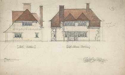 房屋的南立面和东立面或入口立面`South Elevation and East or Entrance Elevation of a House (1909) by Charles Edward Mallows