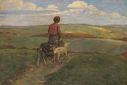 带着山羊回家的女孩`Mädchen mit Ziegen auf dem Heimweg (1900) by Franz Wallischeck