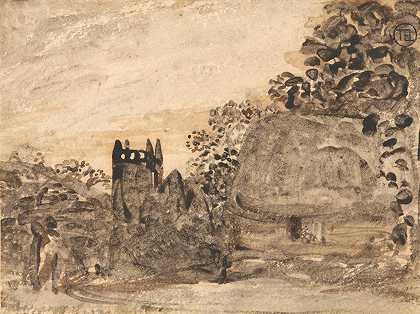茅草屋和教堂`Thatched Cottage and Church by Samuel Palmer