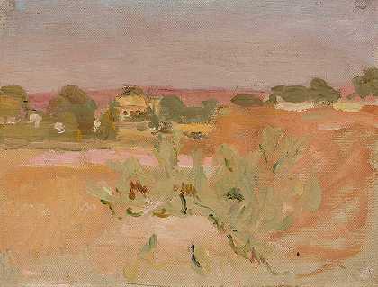 粉红色的仙人掌景观。从印度之旅`Pink landscape with cactuses. From the journey to India (1907) by Jan Ciągliński