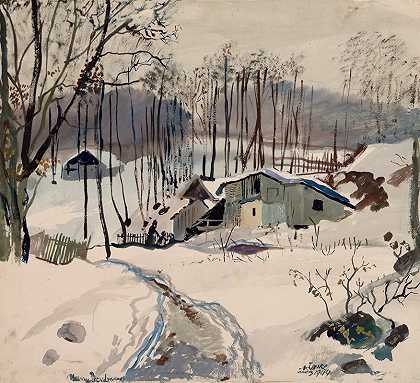 普雷斯鲍姆的冬季景观`Winterlandschaft in Pressbaum (1944) by Oskar Laske
