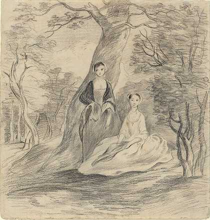 风景中的两个女孩`Two Girls in a Landscape by George Frost