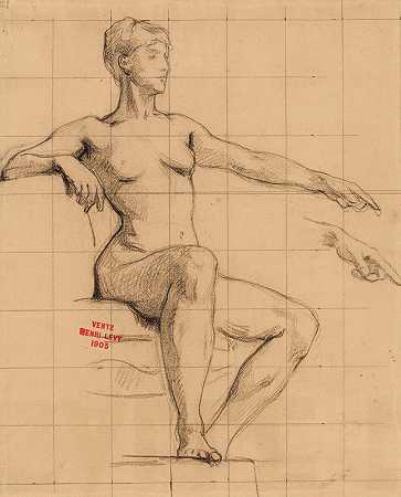 年轻裸体女性坐姿指向左侧索引至前`Etude de jeune femme nue assise pointant lindex gauche vers lavant by Henri Leopold Lévy
