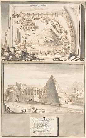 特斯塔塞乌斯山（上图）和塞斯提乌斯金字塔（下图）景观`View of the Mons Testaceus (above) and the Pyramid of Cestius (below) (before 1704) by Jan Goeree