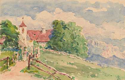 一条狭窄的路通往山坡上的一座小教堂`Oberbozen, een smalle weg leidt naar een kerkje op een berghelling (1911) by Carel Nicolaas Storm van ;s-Gravesande
