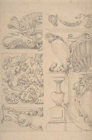 用贝壳、花环、树叶、蜗壳和骨灰盒装饰的卡通切设计`Design for Cartouches Decorated with Sea~Shells, Garlands, Foliage, Volutes and Urns (1609–60) by After Agostino Mitelli