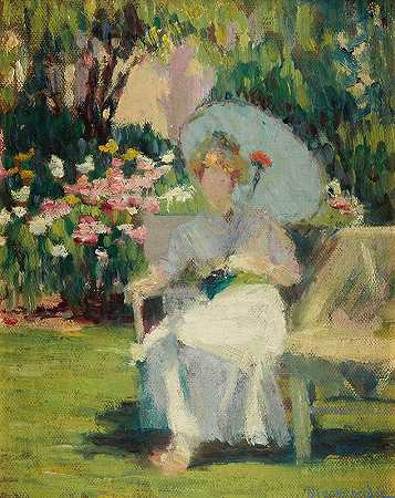 艾丽丝·L·里德尔·金德勒在福禄考花园的画像`Portrait of Alice L. Riddle Kindler in the Phlox Garden (1911) by Hugh Henry Breckenridge