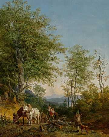 一位意大利人与一位樵夫和他的马队以及一位带着他的狗的过路人一起欣赏森林景观`An Italianate wooded landscape with a woodcutter and his team of horses and a passerby with his dog (1830) by Heinrich Bürkel