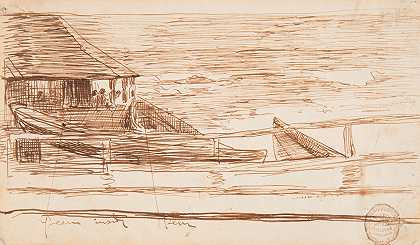 栏杆旁的房子和海滩上的桃乐丝`House at a Railing with Beached Dories (1881) by Winslow Homer