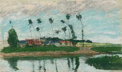 边缘村庄池塘`Village au bord dun étang (circa 1869) by Camille Pissarro