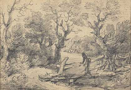 行人天桥上的风景画`Landscape with figure on a footbridge by Gainsborough Dupont
