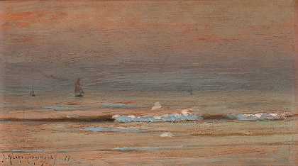 日落时靠岸的船只`Ships Sailing to Shore at Sunset (1897) by Georges Ricard-Cordingley