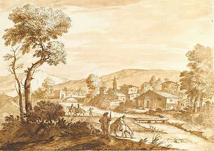 城市景观`Landscape with a Town by a River (1680–1767) by a River by Anton Maria Zanetti the Elder