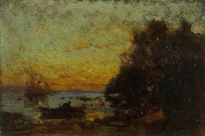 船和帆船，日落。背面海军`Barque et voiliers, coucher de soleil. Au revers; Marine (1850~1860) by Félix Ziem