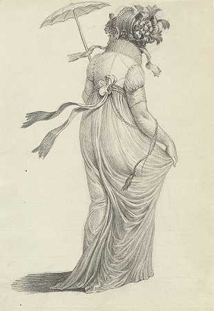从后面看一个时髦的年轻女子`A Fashionable Young Woman Seen from Behind (1800~1803) by Carl Wilhelm Kolbe the elder