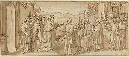 圣卡洛·博罗密欧和圣菲利波·内里的会面`The Meeting of San Carlo Borromeo and San Filippo Neri (c. 1600) by Italian 17th Century