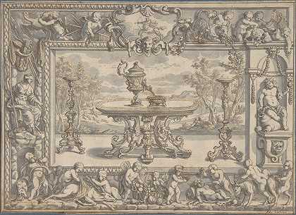 装饰框架内的水壶、桌子和烛台设计`Design for an Ewer, table and candelabra within an ornamental frame (1660–1727) by Abraham Drentwett the Elder