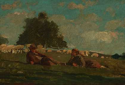 男孩和女孩在一片有羊的田野里`Boy and Girl in a Field with Sheep (1878) by Winslow Homer