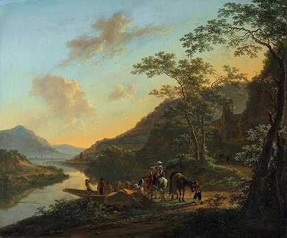 带渡轮的意大利景观`Italian Landscape with Ferry (c. 1652) by Jan Both